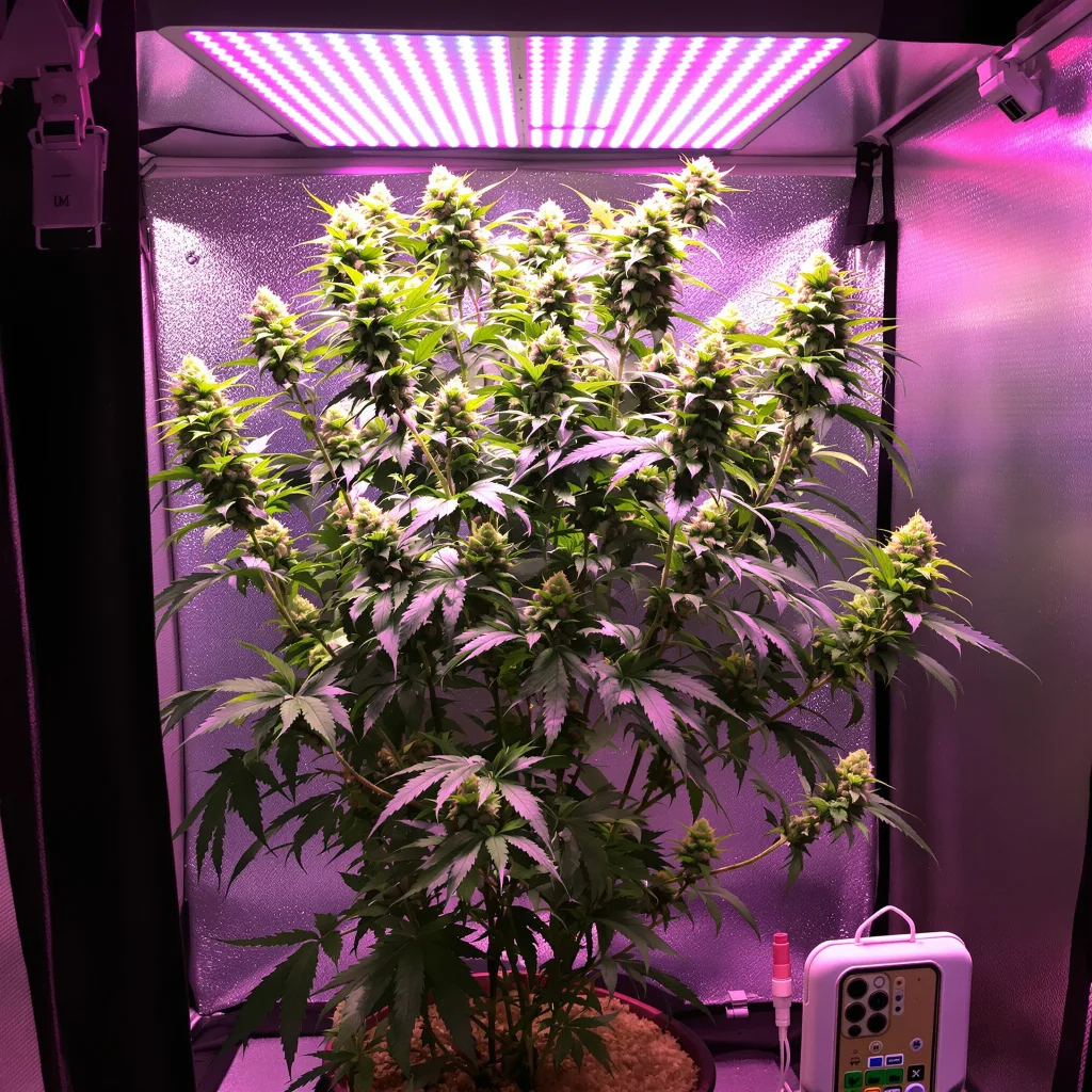 Super Snow Dog 54% indica / 46% sativa flower with visible trichomes