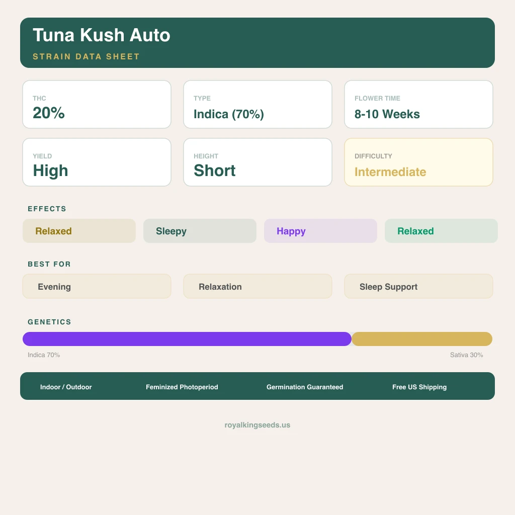Tuna Kush 70% indica / 30% sativa flower with visible trichomes