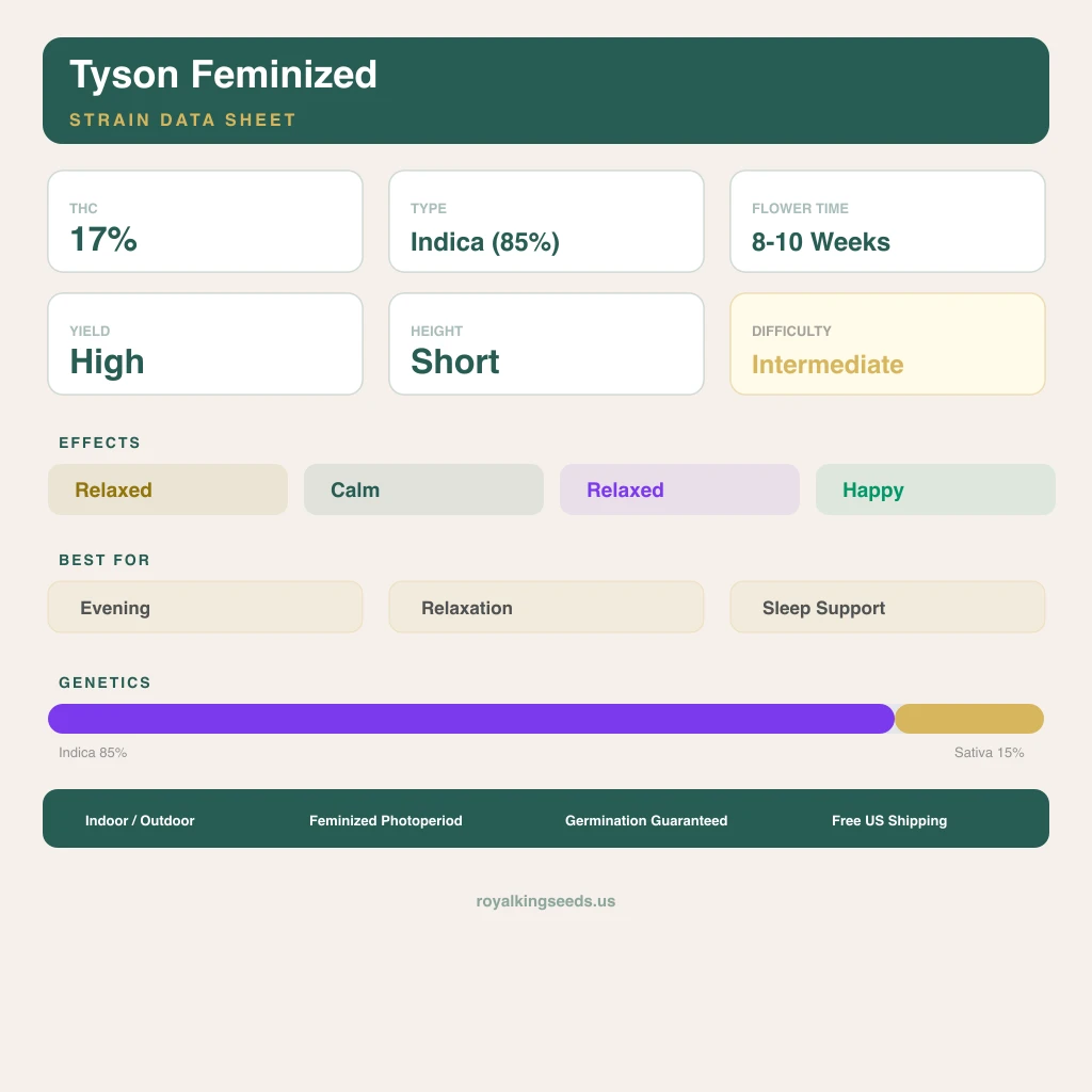 Tyson 85% indica / 15% sativa flower with visible trichomes