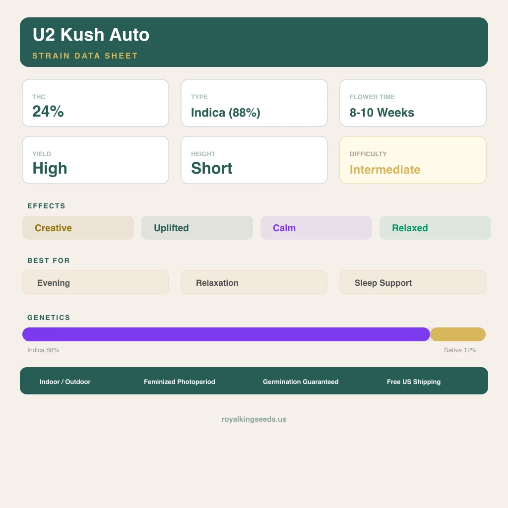 U2 Kush 88% indica / 12% sativa flower with visible trichomes