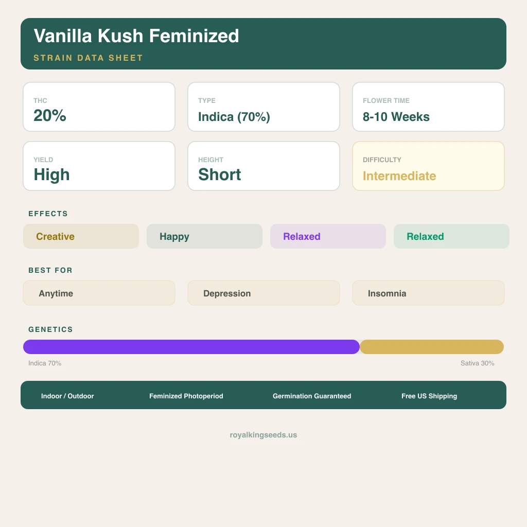 Vanilla Kush 70% indica / 30% sativa flower with visible trichomes