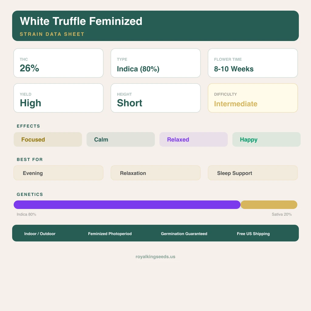 White Truffle 80% indica / 20% sativa flower with visible trichomes