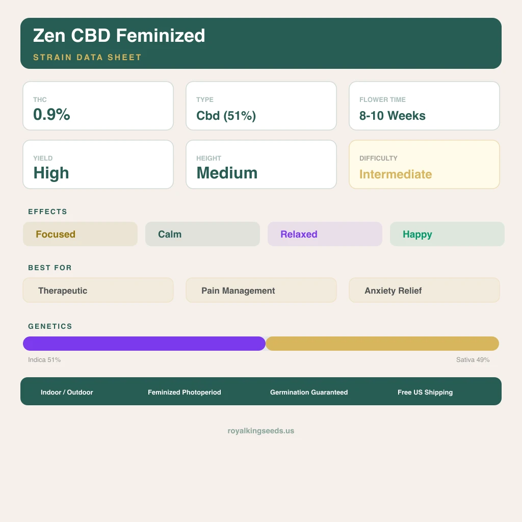 Zen CBD 51% indica / 49% sativa flower with visible trichomes